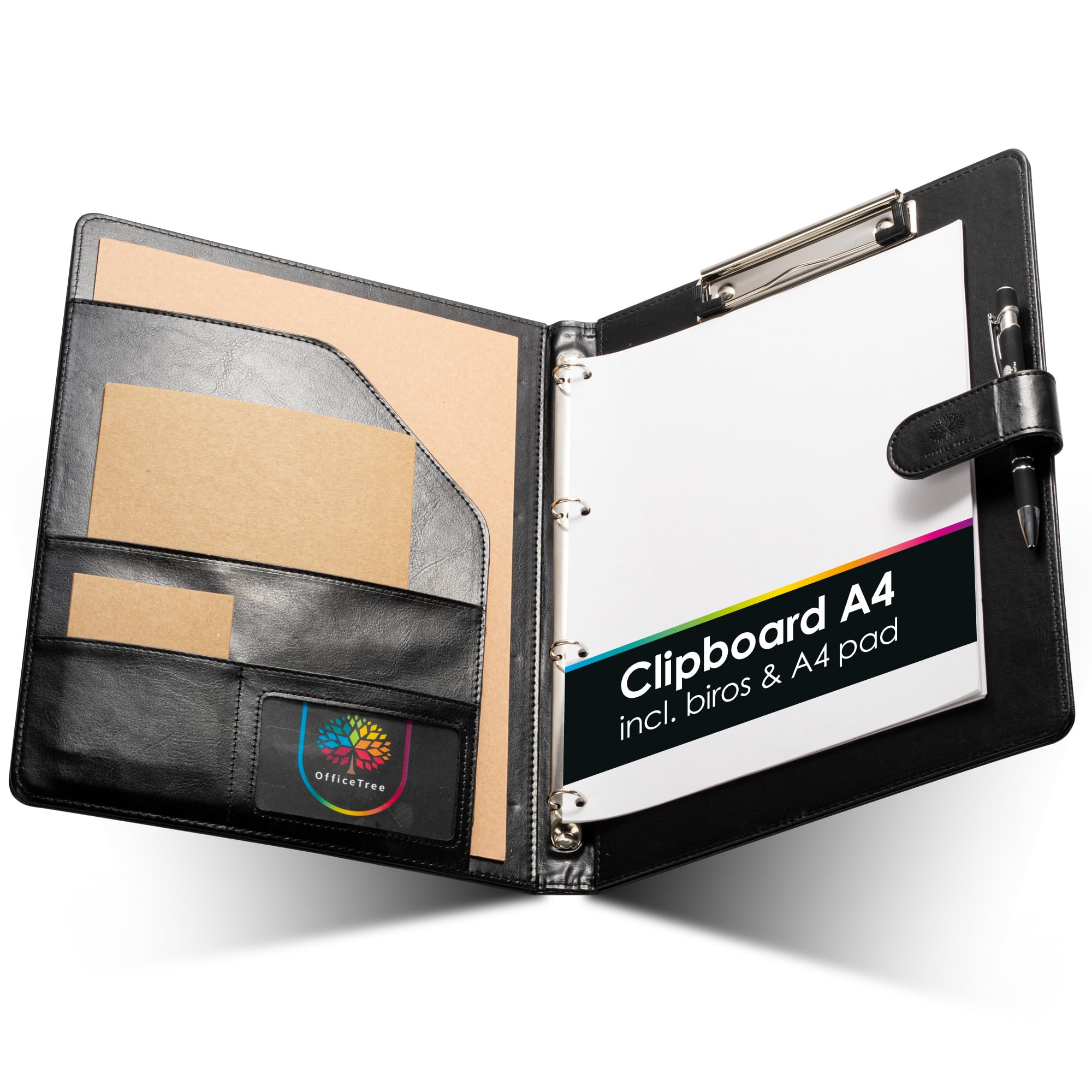 OfficeTree A4 Clipboard Folder With Cover - Foldover Writing Set in Black - Ring Binder With Clip Board - DIN Folder Organiser - Includes Pad and Ballpoint Pen