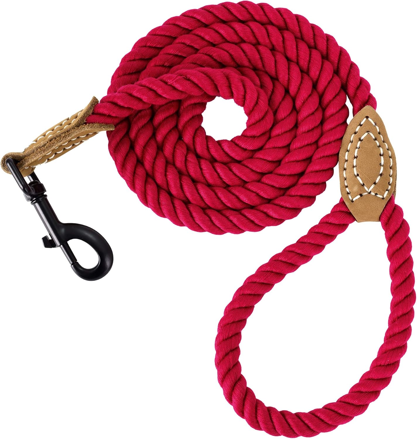 Mile High Life Braided Cotton Rope Leash with Leather Tailor Handle and Heavy Duty Metal Sturdy Clasp (Red, 5 FT)