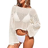 BreathSunny Womens Crochet Knit Cropped Beach Top Summer 2025 Off The Shoulder Long Bell Sleeve Bathing Suit Cover Up Tops