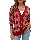 ZAFUL Women's Cardigan Sweaters Argyle Plaid Long Sleeve Button Down Preppy Oversized Chunky Knit Outerwear