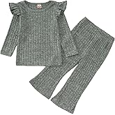 GLIGLITTR Toddler Baby Girls Clothes Set Ruffle Knit Ribbed Long Sleeve T-Shirts Tops+Pants 2Pcs Outfits Fall Winter Clothes