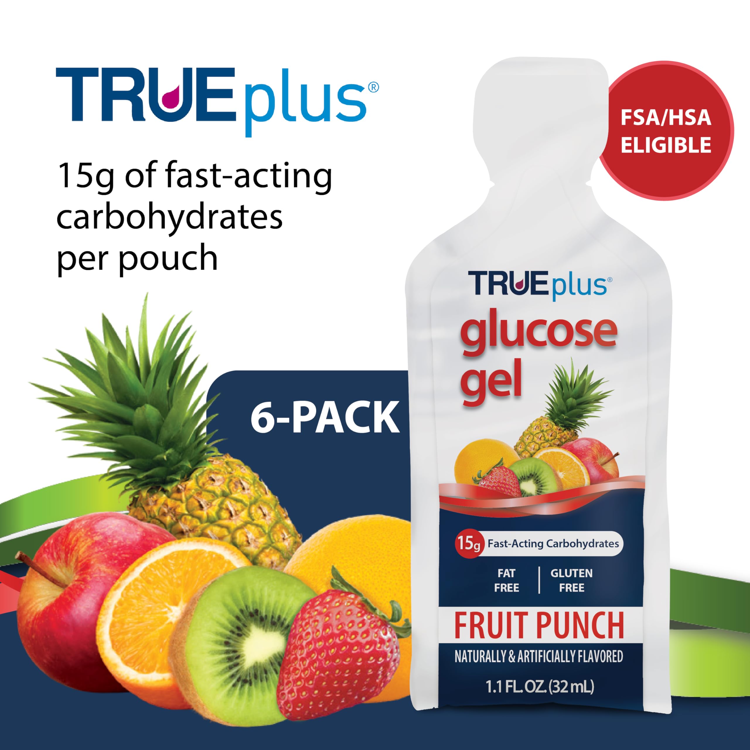 TRUEplus Glucose Gel Pouch, Fruit Punch Flavor, 15g Fast-Acting Carbohydrates, Fat Free, Gluten Free, Quick Support for Low Blood Sugar and Energy, 6 Pack