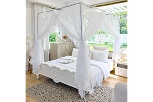 AIKASY Elegant Lace Princess 4-Poster Bed Canopy Mosquito Net - Romantic Wedding Bridal Bedroom Decor, Kids Room Bed Curtain for Women Adults - (White-4,Queen)