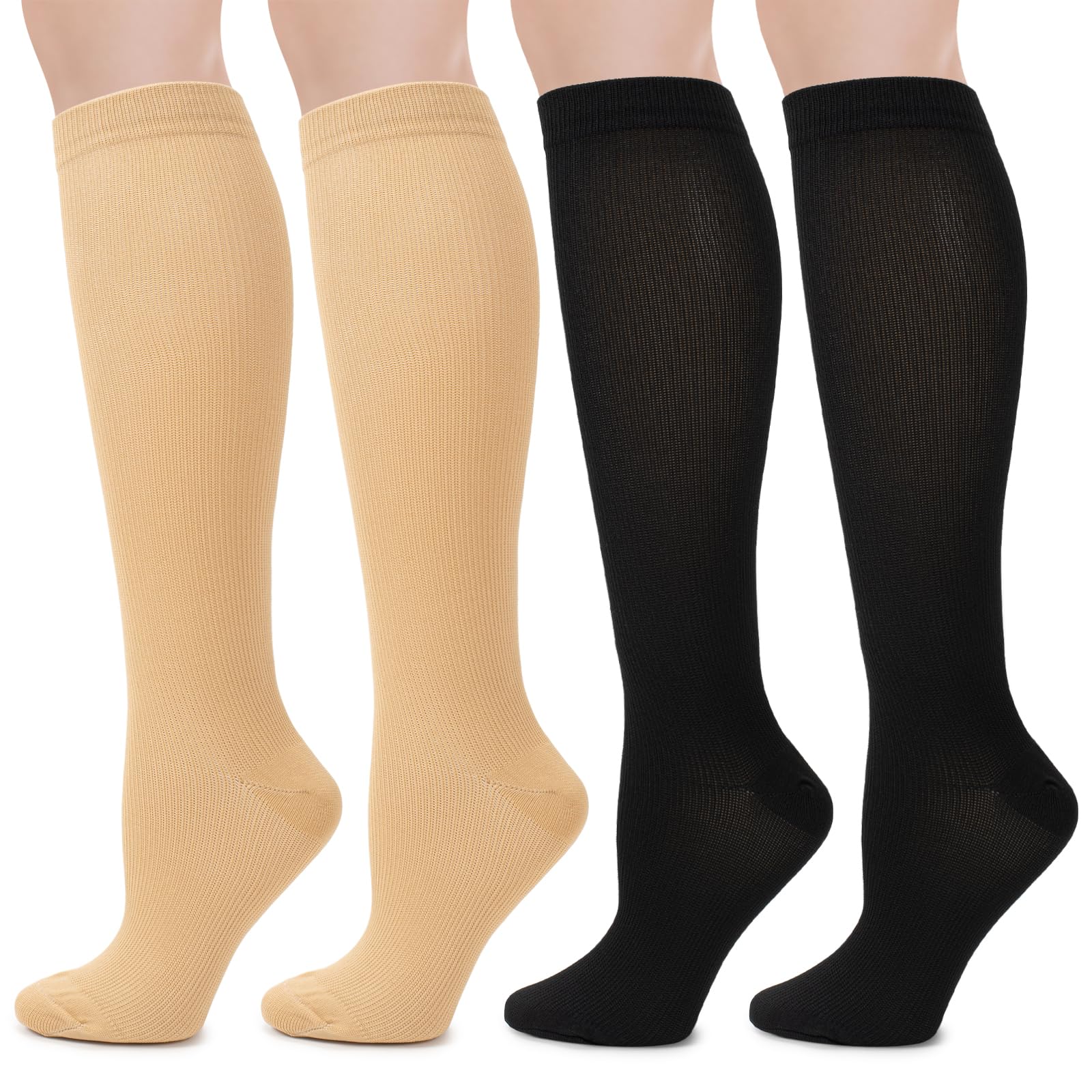 2 Pairs Compression Socks for Women Men, Flight Compression Stocking Socks, knee-high support socks Varicose Veins Socks Pressure Socks Travel Socks for Women Pregnancy (Black+Khaki, S/M)