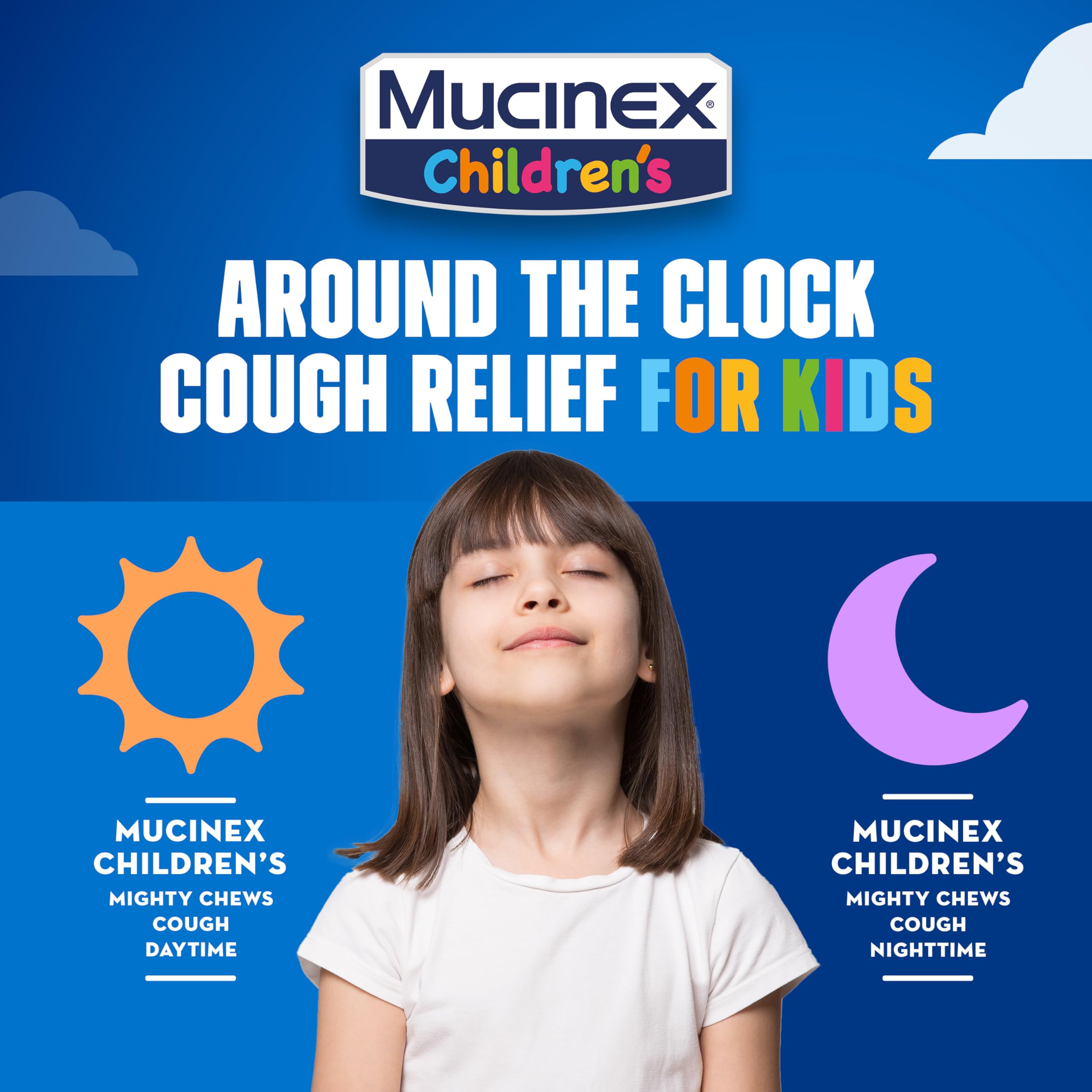 Mucinex Children's Mighty Chews Kids Cough Medicine Daytime and Nighttime Value Pack, Easy to Dose Cough Suppressant for Kids with Dextromethorphan, Mixed Berry Flavor, 32 Medicated Chewable Tablets