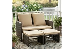 Tangkula Outdoor Loveseat with 2 Ottomans, 3 Pieces Patio PE Wicker Furniture Set with Cushions, Outside Rattan Conversation 