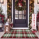 Moucuny Christmas Red Green White Brown Tartan Plaid Outdoor Rug 3' X 5' | Front Porch Door Mat Farmhouse Washable Welcome Layering Mat for Christmas Party Outdoor Entryway Decor