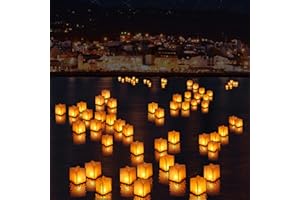 FUELYE 20 Pack 6" Star Shaped Floating Lanterns with Waterproof Wooden Base Sets, Paper Water Lanterns Decoration with LED Tealight Candle (20Sets Lanterns+Candles)