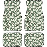 DISTOCZD Abstract Floral Pattern Car Floor Mats Vintage White Daisy Flowers on Green Background Floor Mats for Cars Universal Vehicle Front Rear Foot Carpet Rugs All Weather Fit for Trucks SUV Sedans