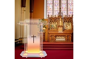 LAYIQDC Church Pulpit with Hollow Cross Design,Led Acrylic Church Podium with Wheels& Vertical Reading Platform, 46”Transparent Lecterns for Churches,Classroom and Weeding(39.4”L*15.7”W *44”H)
