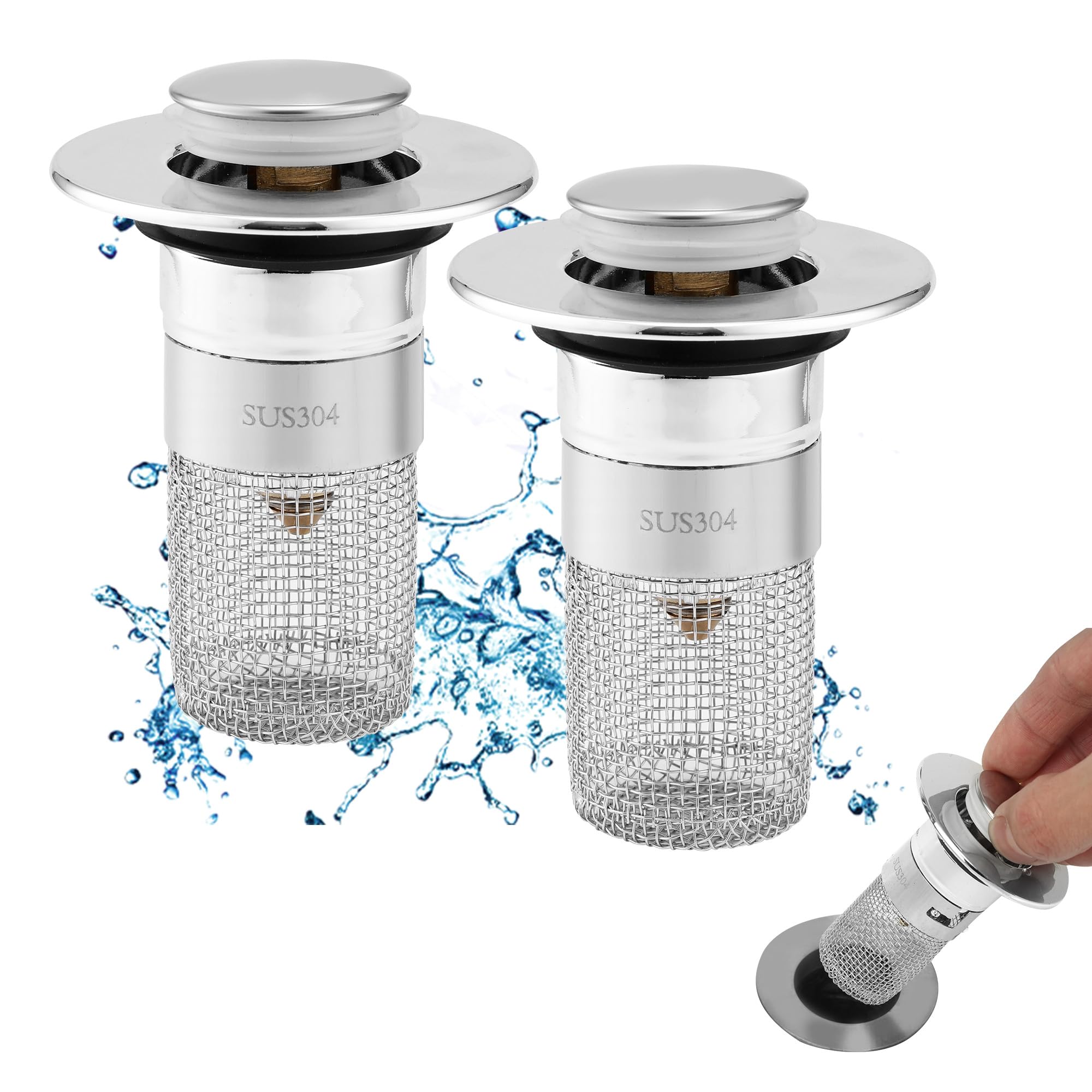 2 pieces sink stopper, 34-40 mm, universal pop-up drain strainer, sink, drain plug, strainer plug with hair strainer for drain plug on the worktop