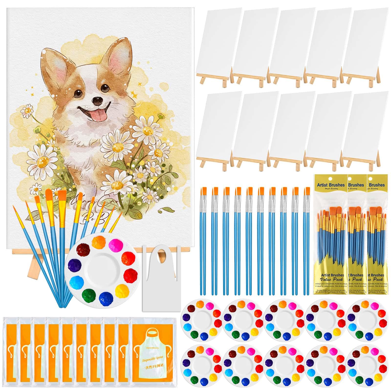 Photo 1 of 100-Pack 8x10 Inch Canvas Boards for Painting – Complete Art Kit with 50 Brushes, 20 Art Aprons & Paint Trays – Includes Mini Easel for Adults Beginners & Party Art Projects Home Deco