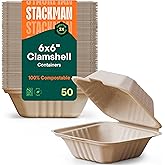 100% Compostable Clamshell Take Out Food Containers [6x6" 50-Pack] Heavy-Duty Quality to go Containers, Natural Disposable Ba