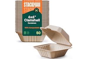STACK MAN 100% Compostable Clamshell Take Out Food Containers [6x6" 50-Pack] Heavy-Duty Quality to go Containers, Natural Disposable Bagasse, Eco-Friendly Biodegradable Made of Sugar Cane Fibers