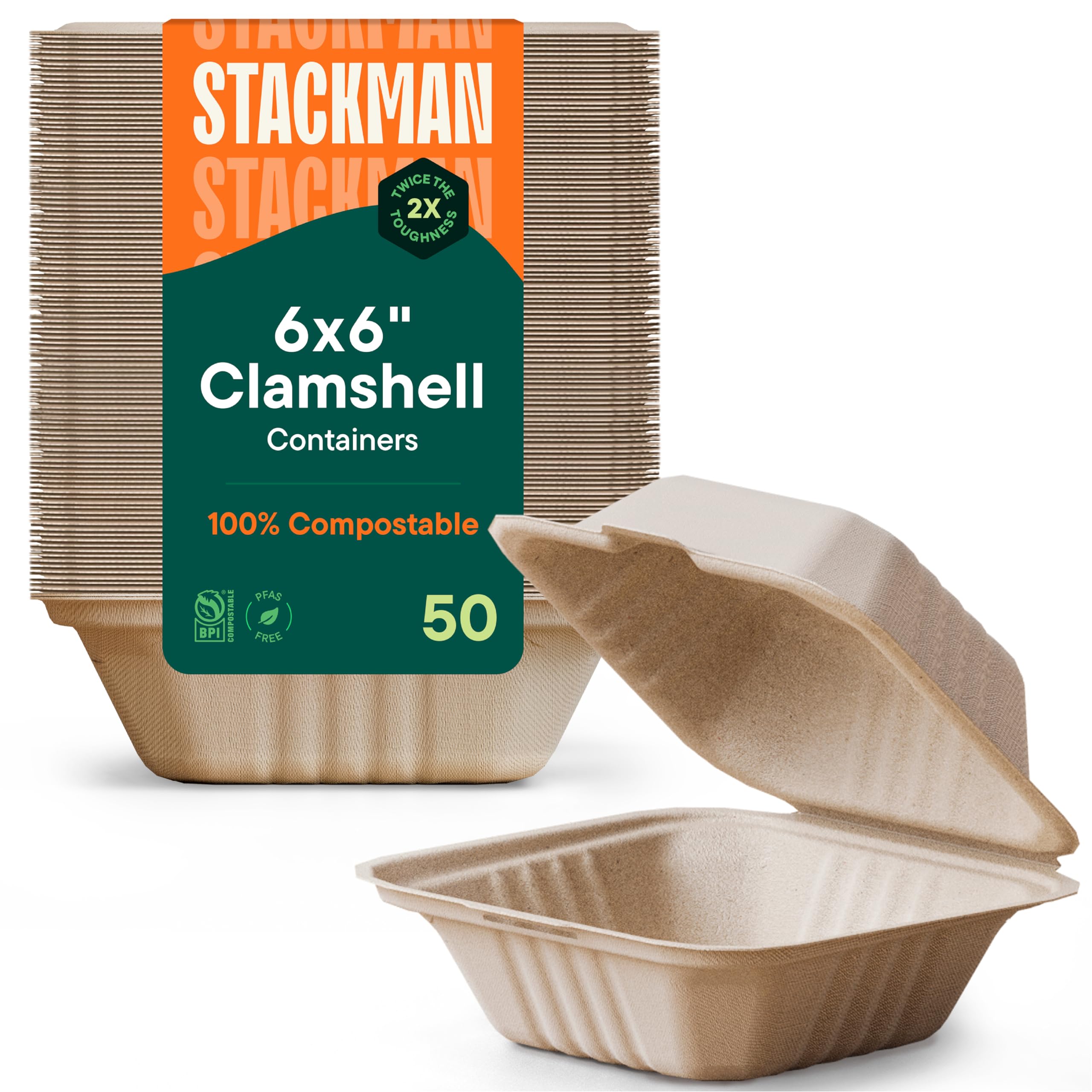 100% Compostable Clamshell Take Out Food Containers [6x6