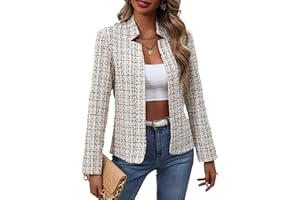 Mina Self 2025 Winter Women's Tweed Plaid Blazer Jacket - Warm Open Front Stand Collar Fully Lined Casual Fashion Work Coat