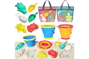 Aclarastra Collapsible Beach Toys for Kids Toddlers, Collapsible Sand Buckets Shovels Set with Mesh Bags and Sand Molds, Foldable Travel Sand Toys for Beach Sandbox Toys for Kids