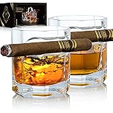 YouYah Cigar Whiskey Glasses with Cigar Holder-Set of 2, Cigar Accessories, Crystal Whisky Glass Set with Indented Cigar Rest for Brandy, Cocktail, Gifts for Men(8.5oz)