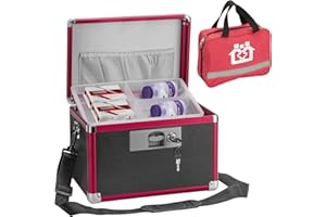 GODLONSEN Lockable Medicine Storage Box with First Aid Bag Organizer Empty - Key Medication Lockbox with Shoulder Strap, Childproof Drug Locked Case Set for Home and Travel, 11.2*7.6*7.6in, Black Red