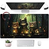 Forest Cats Desk Mat Anime Cat Desk Pad Cute, Kawaii Green Mouse Pad XXL, Large Extended Gaming Mousepad Keyboard Mouse Mat with Stitched Edges, Home Office Decor Pad for Women Girl 31.5x15.75 in