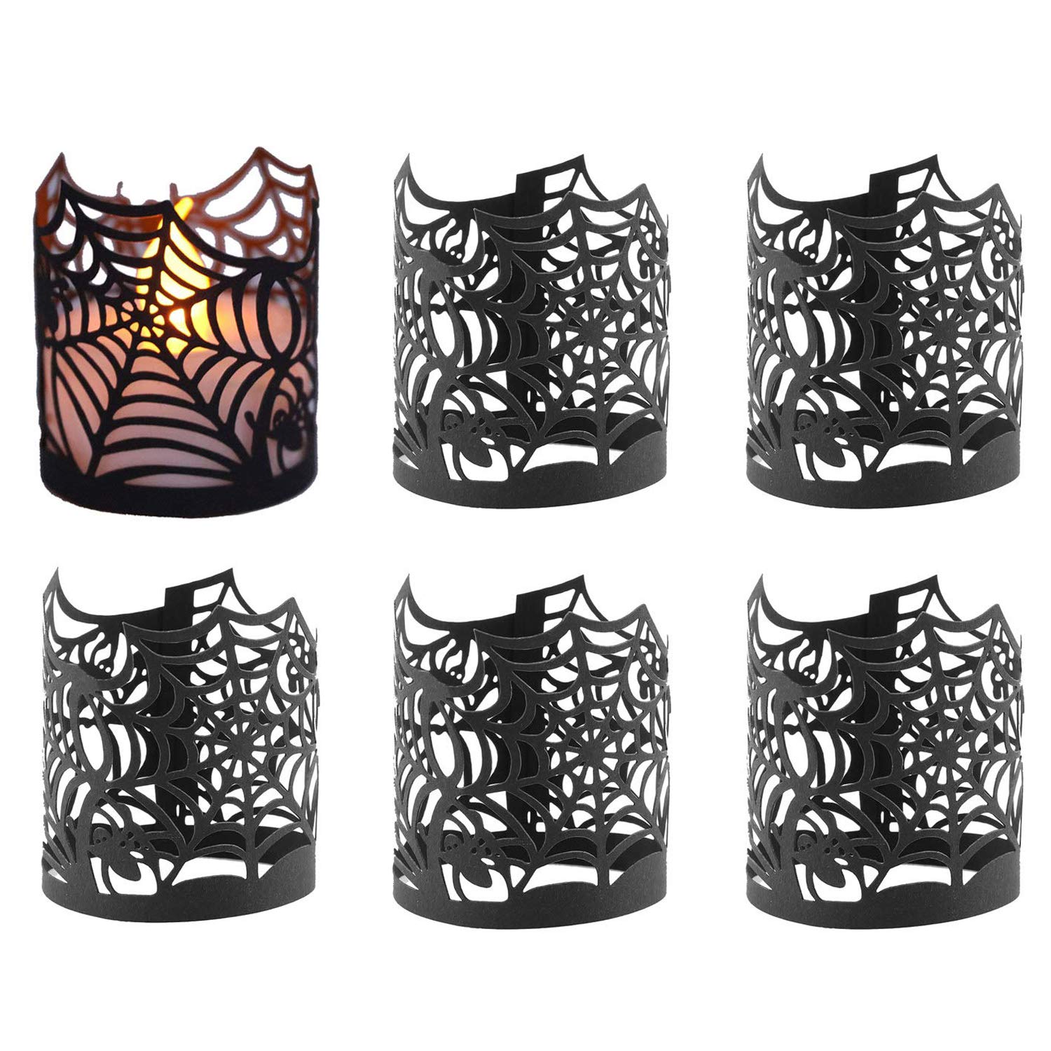 DesignerBox Halloween Flameless LED Candle Shades - 50 PCS, Tea Light Candle Holders Candle Lampshades Hollow Out Spiderweb Paper Wrappers Table Decoration for Halloween Wedding Party (Set 1)