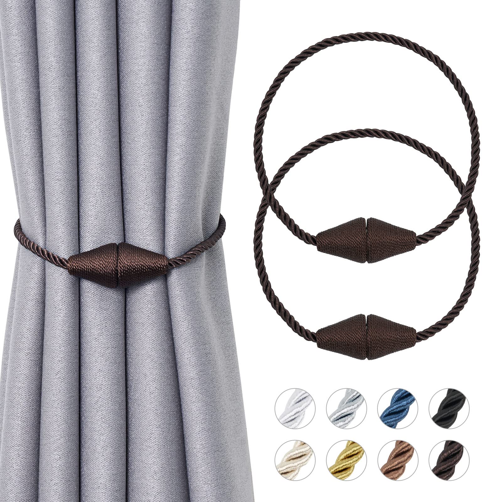 Pretty Jolly 2 Pack Upgrade Magnetic Curtain Tiebacks Handmade Weave Rope Curtain Holdbacks Convenient Decorative Cone Curtain Drape Tie Backs for Home & Office Window Drapery (New Deep coffee)
