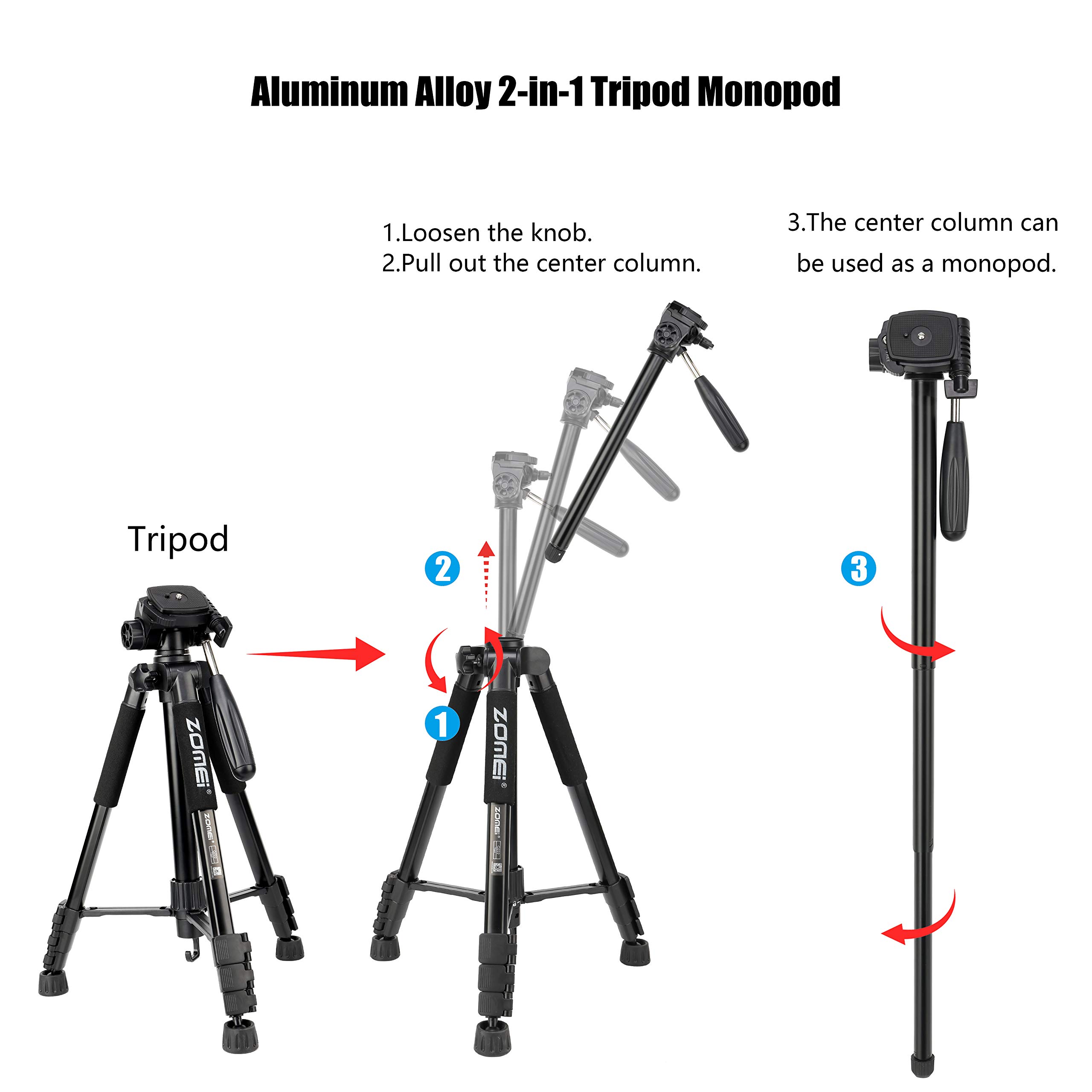Zomei Camera Tripod Monopod 58-inch Professional Digital Camera Aluminum Tripod Support for Panoramic Shooting Designed for Sony Nikon Canon Camera