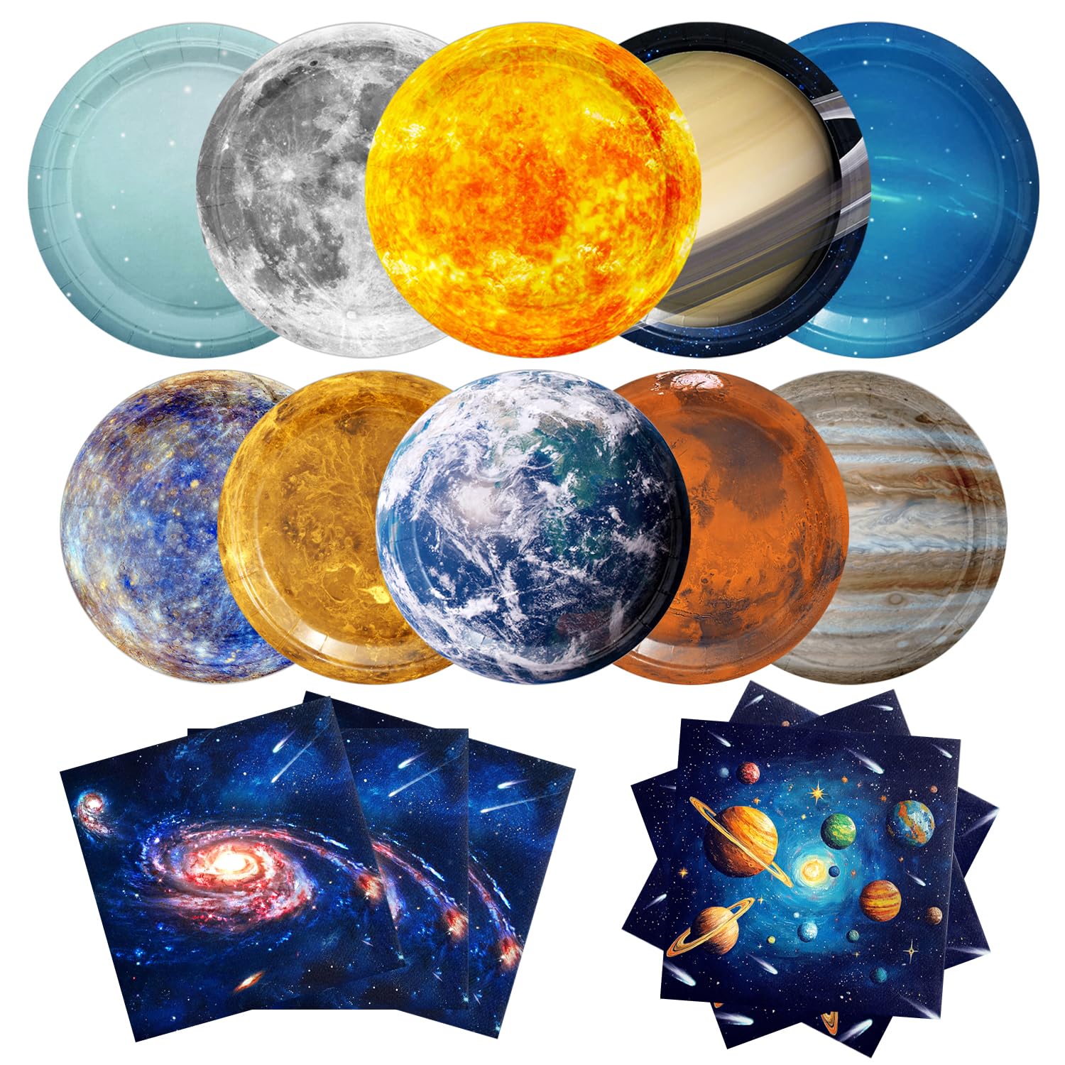 Photo 1 of 100Pcs Space Party Decorations Galaxy Planet Outer Space Party Decorations Disposable Plates and Napkins for Kids Space Solar System Planets Baby Shower Space Birthday Decorations