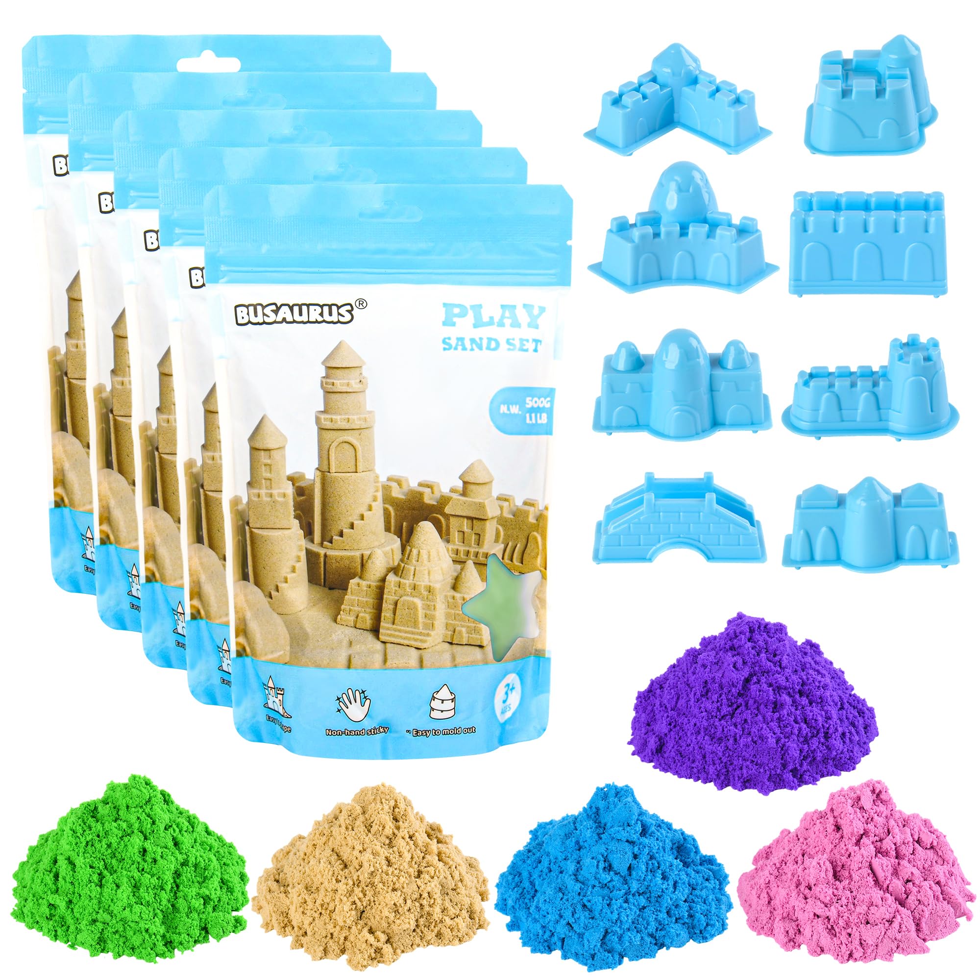 BUSAURUS Magic Play Sand Set, 2.5 kg, 5 Colours with 8 Castle Shapes, Non-Adhesive Modelling Sand for Children, Sensory Play Set