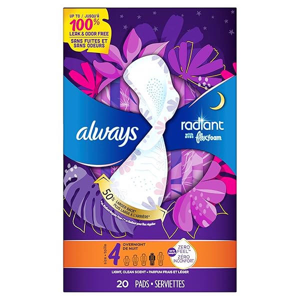 ALWAYS RADIANT PADS, SIZE 4, OVERNIGHT ABSORBENCY, SCENTED, 20 COUNT
