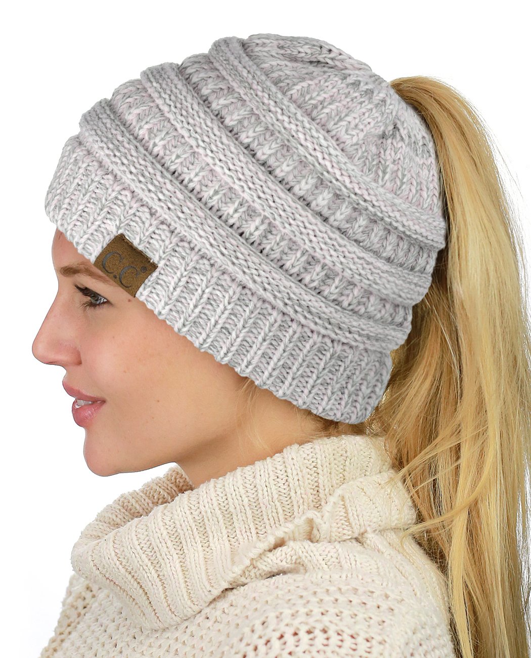 C.C BeanieTail Soft Stretch Cable Knit Messy High