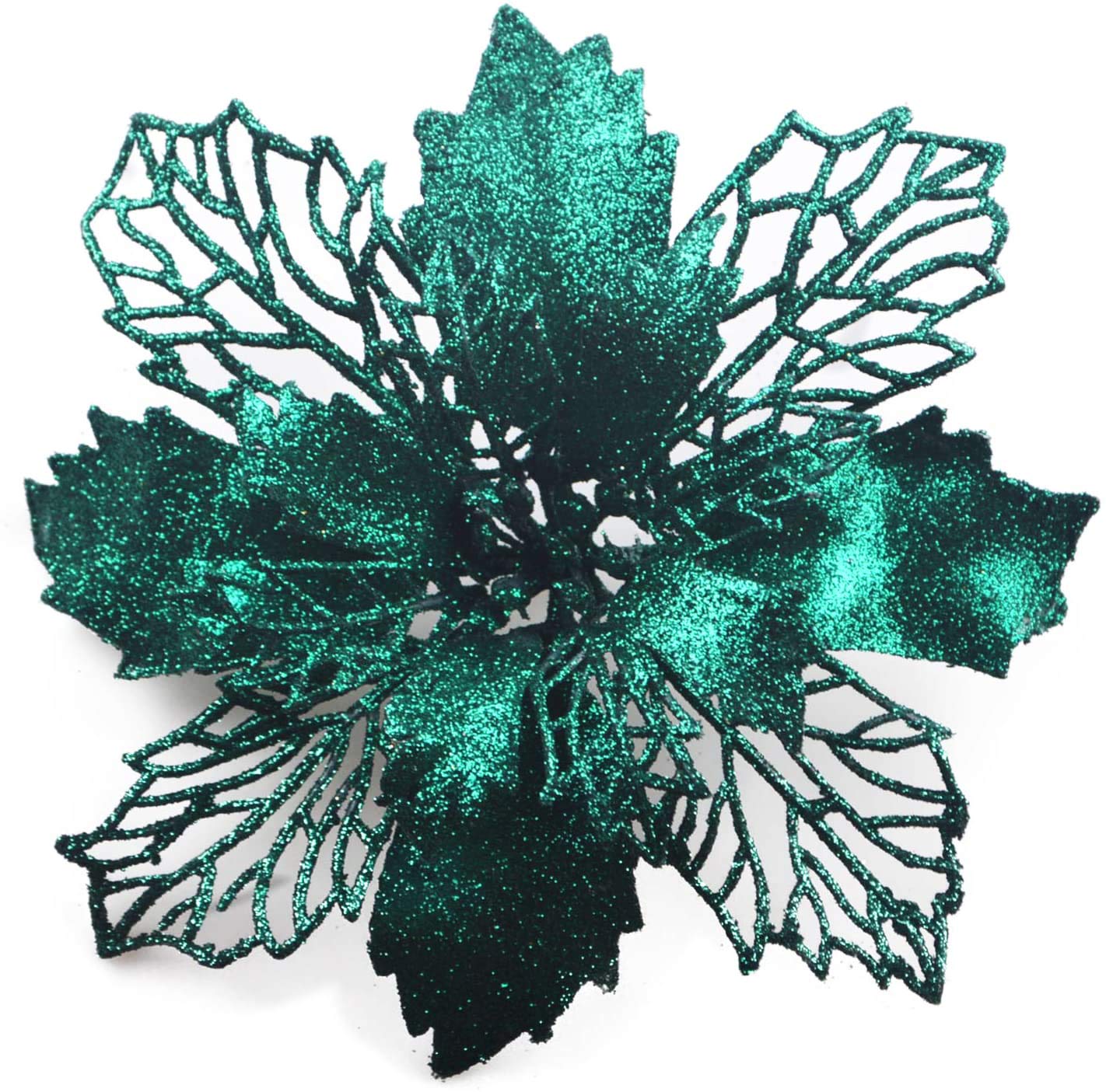 GL-Turelifes Pack of 12 Glitter Artificial Poinsettia Flowers Christmas Wreath Christmas Tree Flowers Ornaments 6’’(16cm) Diameter with 12 Pcs Green Soft Stings (Blackish Green)