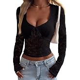 KWSTAIN Lace Tops for Women Sexy Long Sleeve Stretchy Floral V Neck Blouse Shirts Slim Fitted Going Out Crop Top with Bow Y2K