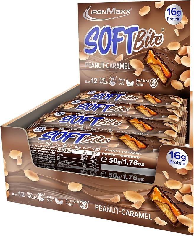 Barra de Proteína de Caramelo de Amendoim SoftBite, 12 × 50 g – Textura extra suave, rica em proteína e fibra, sem açúcares adicionados, ideal para consumo diário