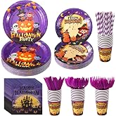 Wigood 192 PCS Halloween Paper Plates and Napkins Set for Dinnerware, Party | Halloween Decorations Dinnerware Set with 24 Paper Plates, Cups, Straws, Napkins, Knives, Forks and Spoons for 24 Guests