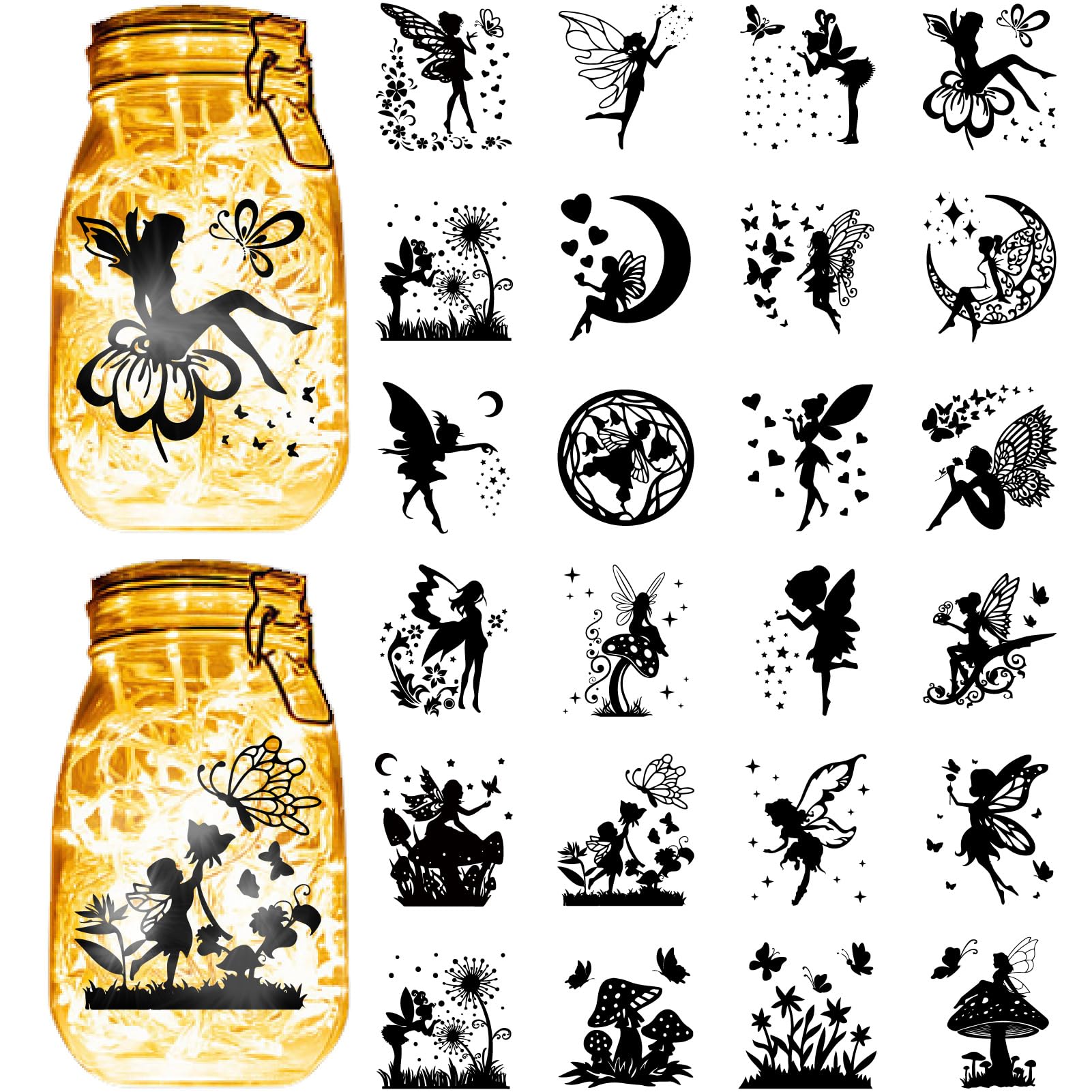 CREATCABIN 24Pcs Fairy Silhouettes Stickers Mason Jar Cutout Decals Waterproof Transparent PVC Lantern Jar Scrapbook Christmas Embellishment Supplies for Wall Windows Frosted Glass Crafts 3.5x3.9in