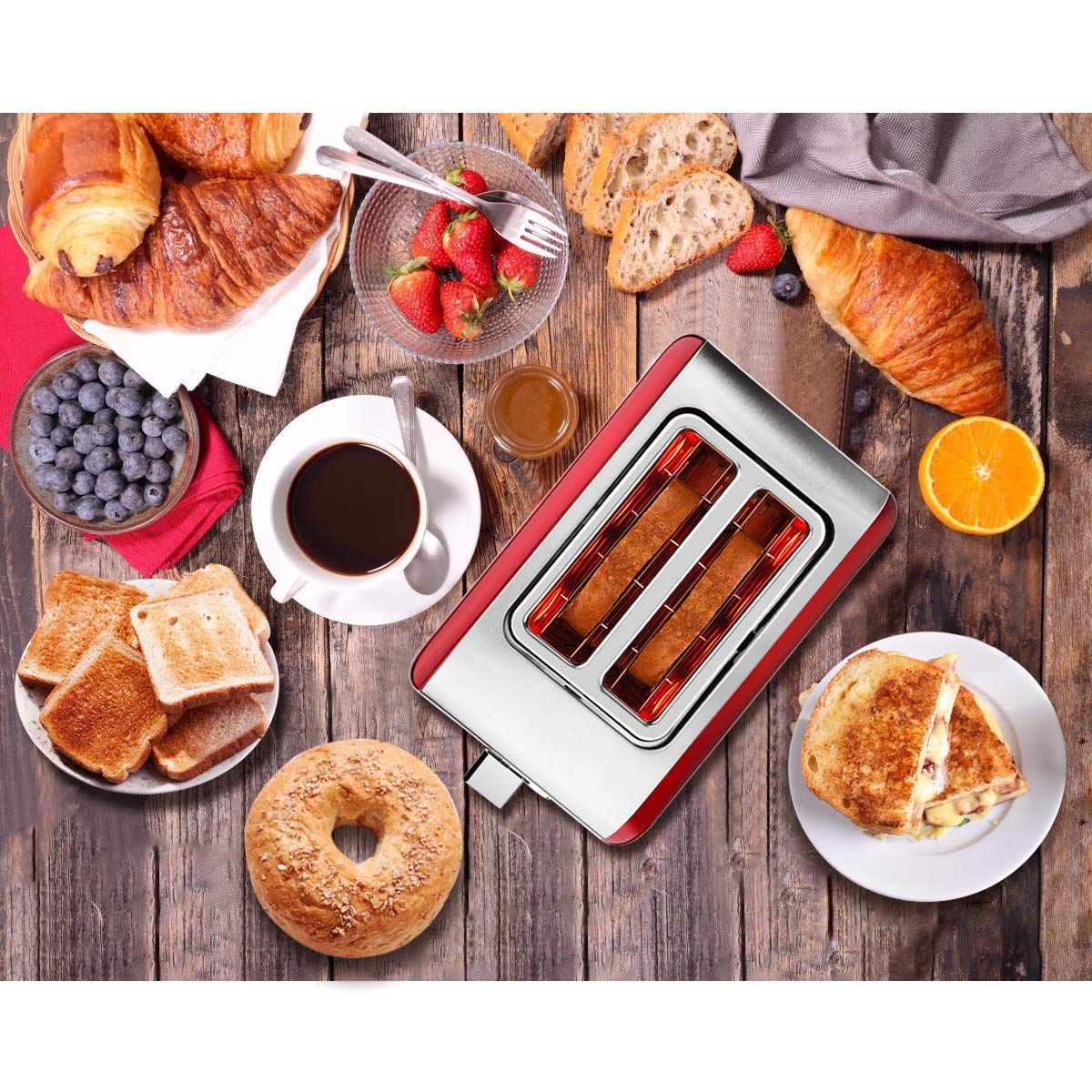 2 Slice Toaster, MKG Stainless Steel Bagel Toaster with Extra Wide Slots, 6 Shade Settings, Bagel/Defrost/Cancel Function, Removable Crumb Tray, High Lift Lever, Red