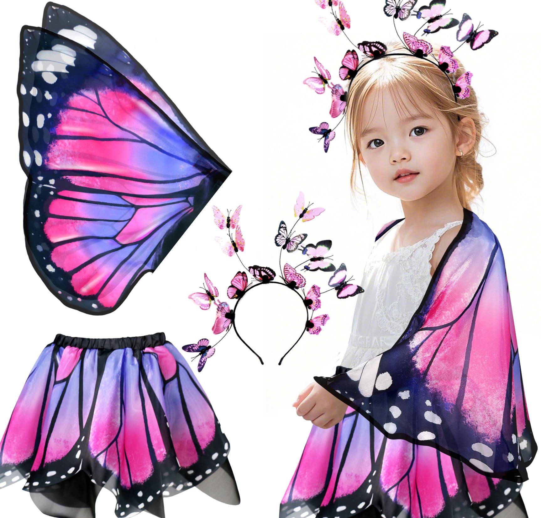 Photo 1 of iROLEWIN Kids Toddler Butterfly-Wings-Costume for Girls Fairy-Wings Tutu Headband Halloween Dress-Up Toys Birthday Gifts 3+