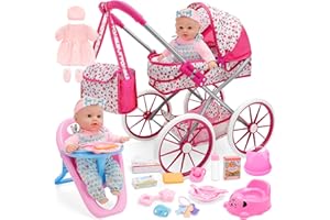deAO Baby Doll Stroller Set Baby Doll Accessories Playset Pretend Play Toys with 12" Baby Doll,Foldable Stroller,2 Sets Doll Clothes High Chair Christmas Birthday Gift for Toddler Girls 3-7