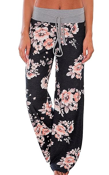 Angashion Damen Blumenmuster Weite Bein Lange Hose Grau S
