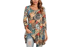 ENMAIN Womens Tunic Tops 3/4 Sleeve Plus Size Loose Fit Tunics Dressy Casual Paisley Floral Swing Flare Top for Leggings