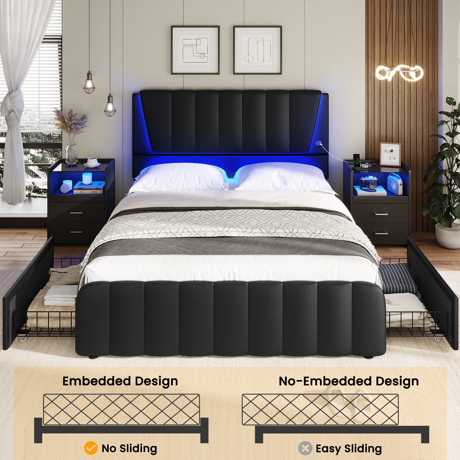 Mua AOGLLATI Full Size Bed Frame with Headboard, 4 Storage Drawers, LED ...