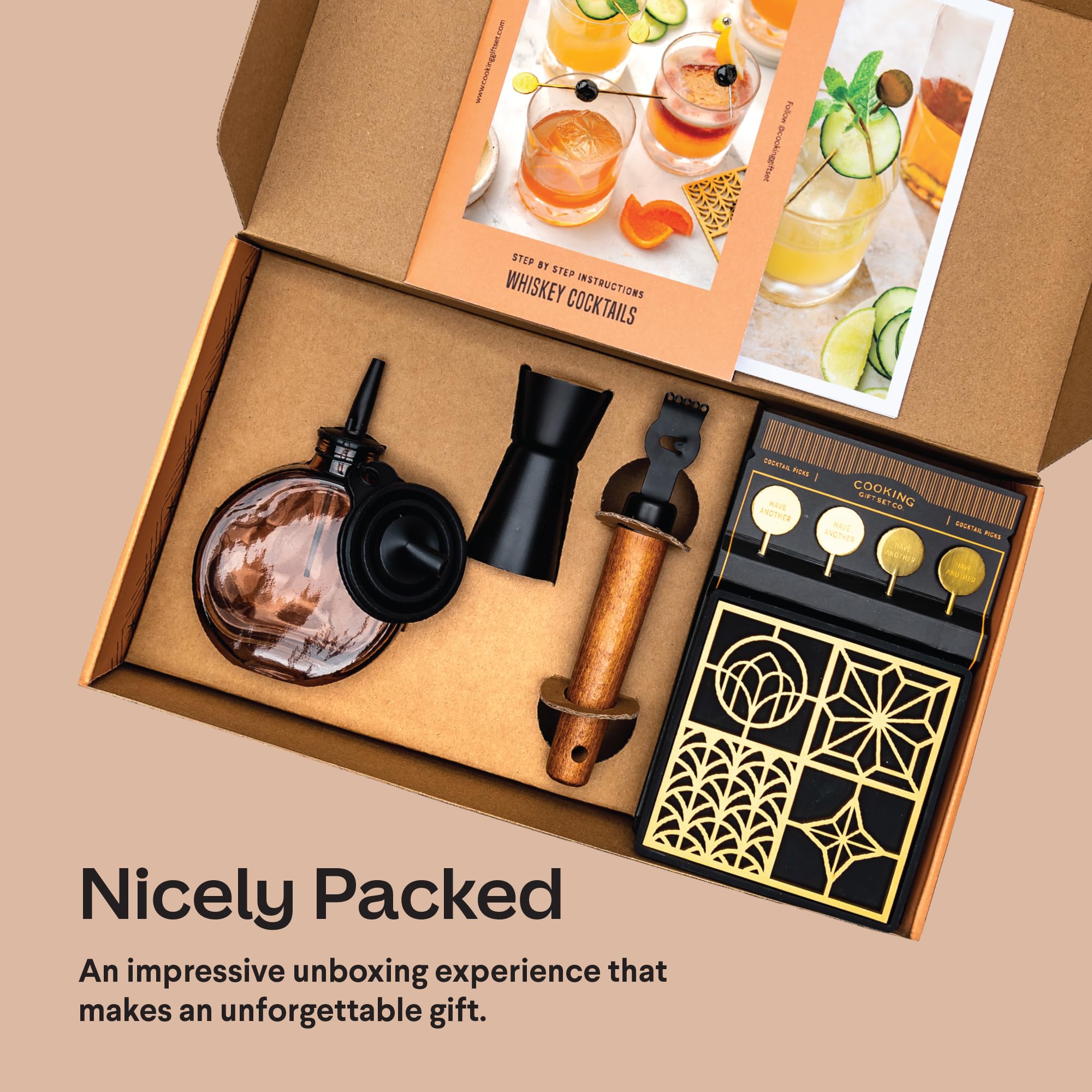 Whiskey Cocktail Kit | Cool Bar Accessories Including Engraving Ice Cube and Mold to Make Unique Gifts for Dad and Mixologist Using Old Fashioned Mixology Tool Set