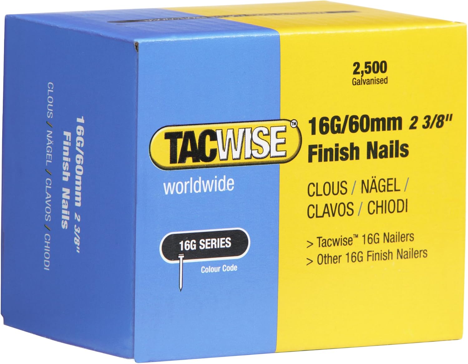 Tacwise 0300 Type 16G / 60 mm Galvanised Finish Nails, Pack of 2500, Silver