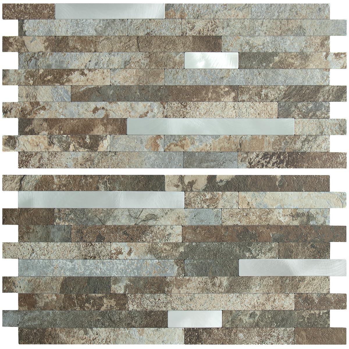 AULIGET 2 Sheets Beige & Brown Slate Peel and Stick Backsplash, PVC Mixed Metal Silver Wall Tile Stick on Backsplash for Kitchen and Bathroom
