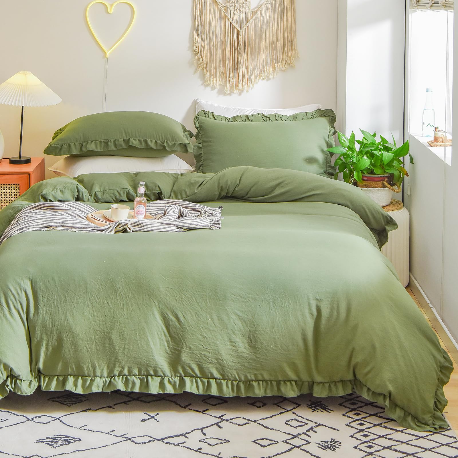 Herside Olive Green Duvet Cover Set Double Boho Ruffle Bedding Chic Ruffled Decor Soft Microfibre Dark Green Bedding Sets 1 Duvet Cover 2 Pillowcases (Olive Green,Double) — image 1