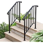 2 Pack 3 Step Handrails for Outdoor Steps, Wrought Iron Stair Railing Fits 2 or 3 Steps, Metal Hand Railing with Installation Kit, Staircase Handrails for Concrete, Porch, Deck, Exterior Steps, Black