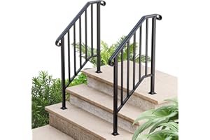 EPOFIT 2 Pack 3 Step Handrails for Outdoor Steps, Fit 2 or 3 Steps Outdoor Stair Railing for Concrete Steps, Black Wrought Iron Railing, Exterior Hand Railing for Steps Adjustable Metal Hand Rails for Deck