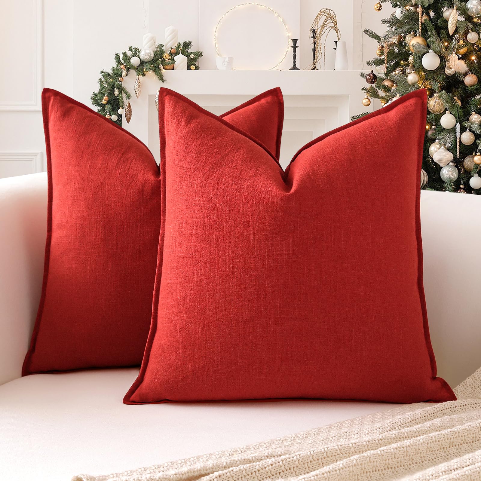 Sungeek Set of 2 Soft Linen Decorative Cushion Covers 60cm x 60cm Solid Farmhouse Throw Pillow Covers Boho Accent Cushion Cases for Sofa Couch Chair Bedroom Home Decor Pillowcases, Red