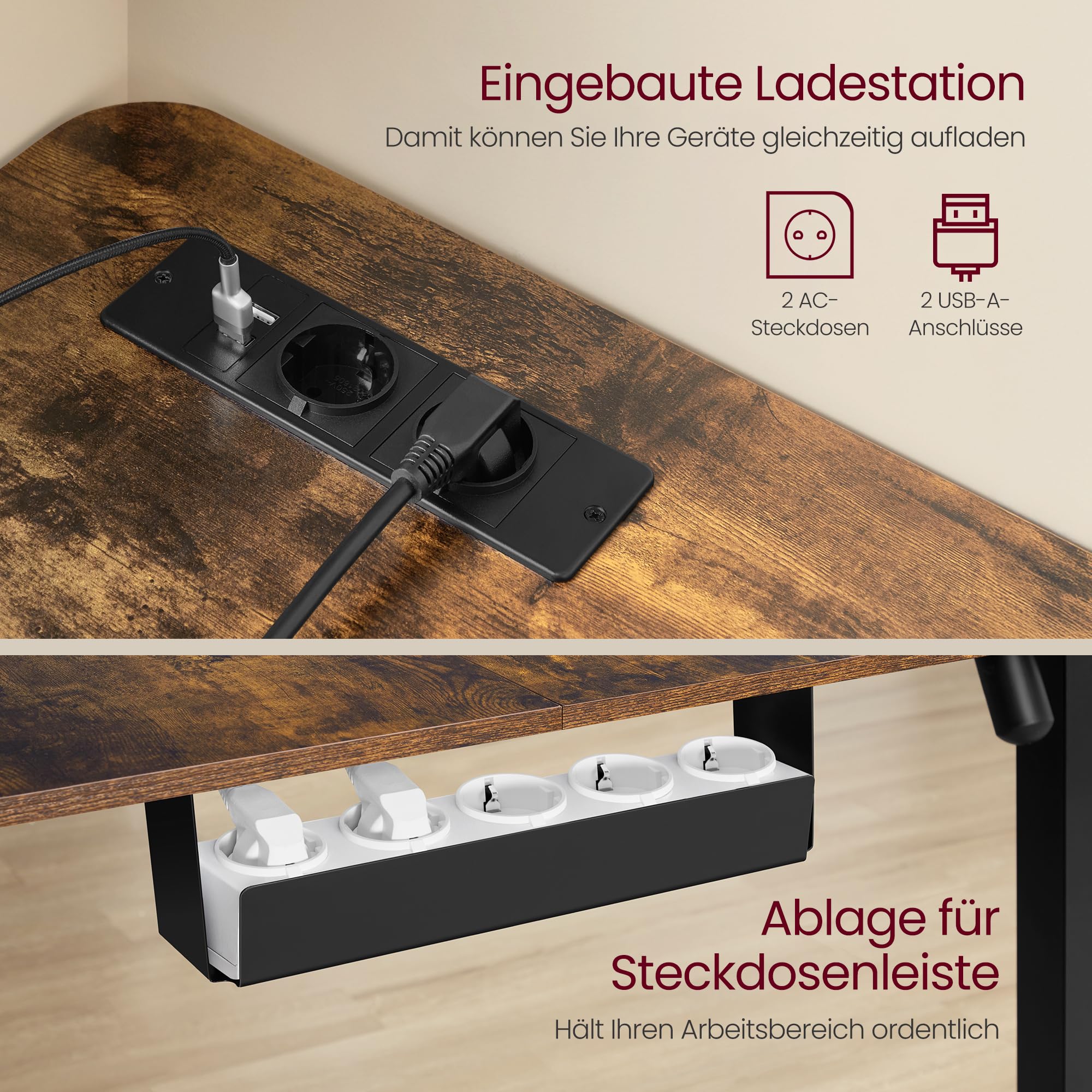 VASAGLE Höhenverstellbarer Schreibtisch elektrisch, L-förmiger Eckschreibtisch, 140 x 160 cm, mit Ladestation, Memory-Funktion mit 2 Höhen, für Homeoffice, vintagebraun-tintenschwarz LSD264K01 6